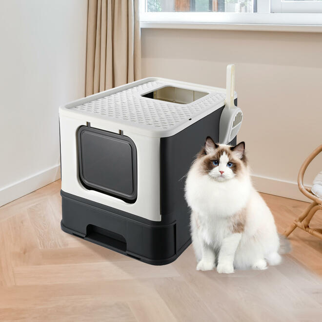 Top-Entry Litter Box, Foldable Large Cat Litter Box With Lid & Scoop - LIVINGbasics®